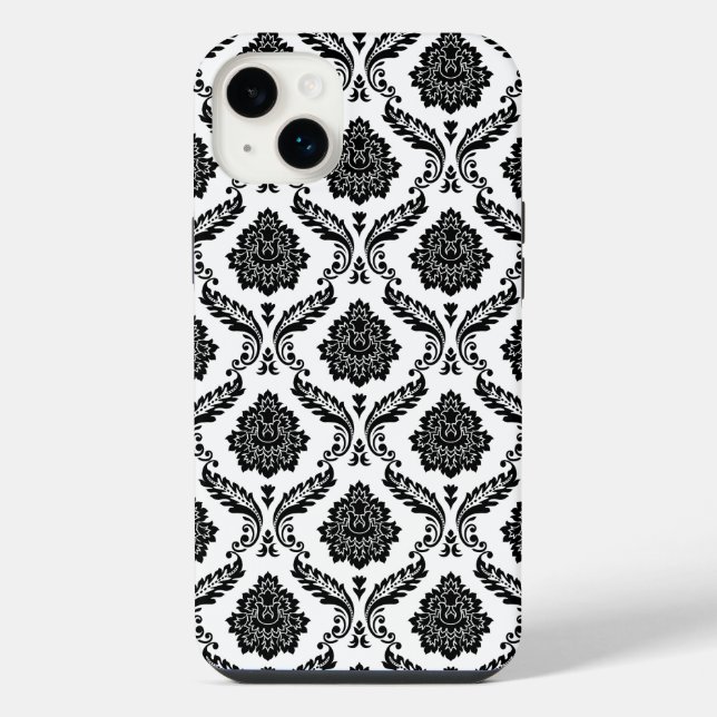 Rokoko-Damaskmuster Schwarz auf Weiß iPhone 14 Plus Hülle (Rückseite)
