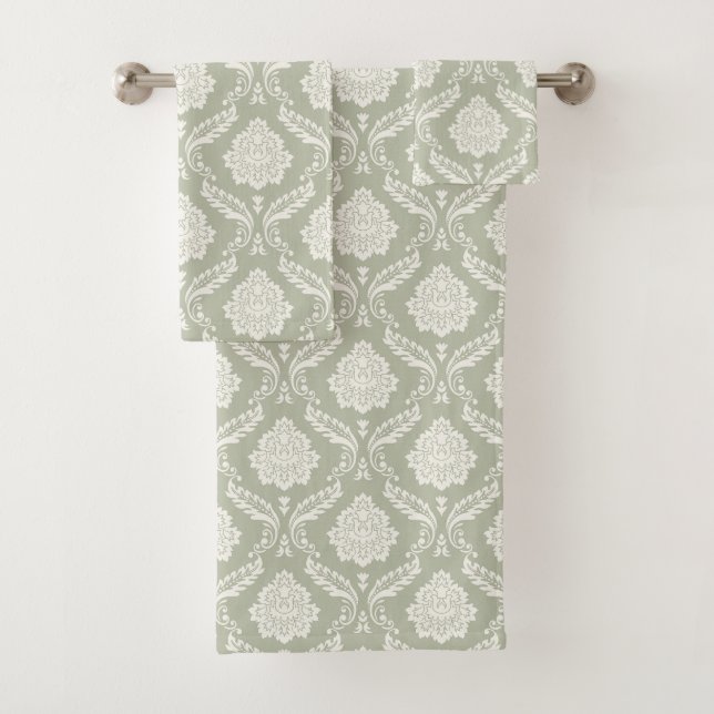 Rokoko-Damaskusmuster Creme auf Grün Badhandtuch Set (Insitu)