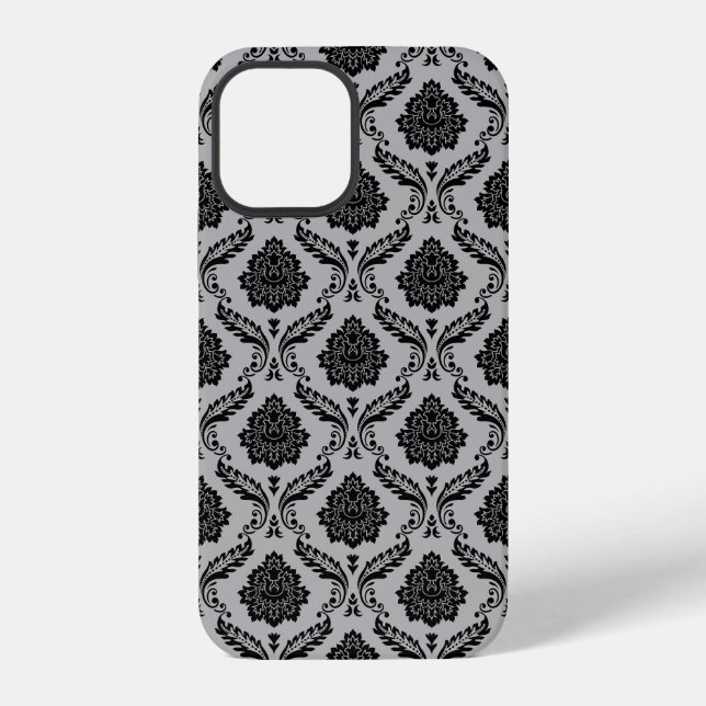 Rokoko-Damaskusmuster Schwarz auf Grau iPhone 12 Hülle (Rückseite)