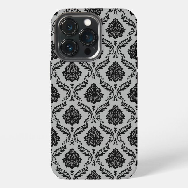 Rokoko-Damaskusmuster Schwarz auf Grau iPhone 13 Pro Hülle (Hinten)