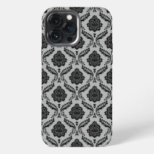 Rokoko-Damaskusmuster Schwarz auf Grau iPhone 13 Pro Max Hülle