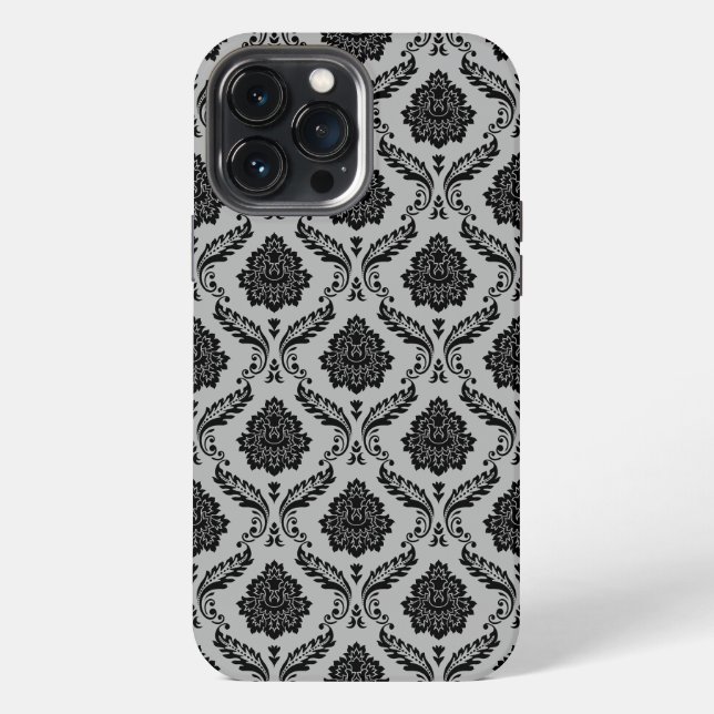 Rokoko-Damaskusmuster Schwarz auf Grau iPhone 13 Pro Max Hülle (Rückseite)