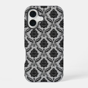 Rokoko-Damaskusmuster Schwarz auf Grau iPhone 16 Hülle