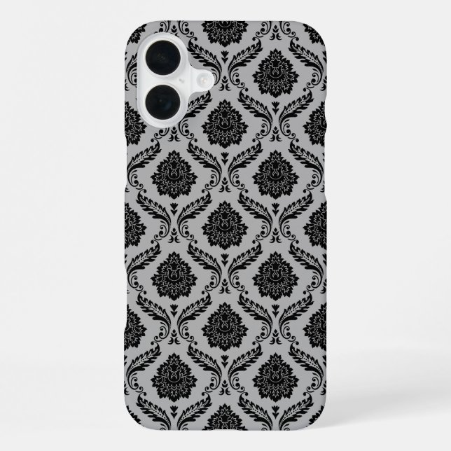 Rokoko-Damaskusmuster Schwarz auf Grau iPhone 16 Plus Hülle (Rückseite)
