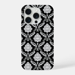 Rokoko-Damaskusmuster Weiß auf Schwarz iPhone 15 Pro Hülle