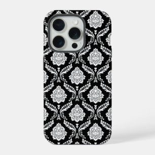 Rokoko-Damaskusmuster Weiß auf Schwarz iPhone 15 Pro Hülle