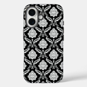 Rokoko-Damaskusmuster Weiß auf Schwarz iPhone 16 Hülle