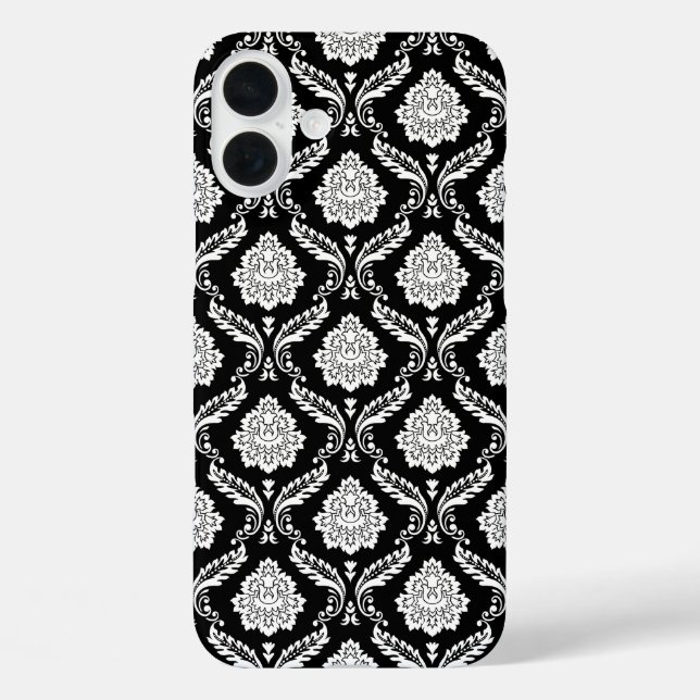 Rokoko-Damaskusmuster Weiß auf Schwarz  iPhone 16 Plus Hülle (Rückseite)