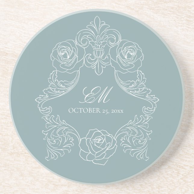 Rokoko Dusty Blue Wedding Logo Wappen Getränkeuntersetzer (Vorne)