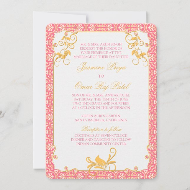 Rokoko Floral Pink Gold Hochzeit Einladung (Vorderseite)