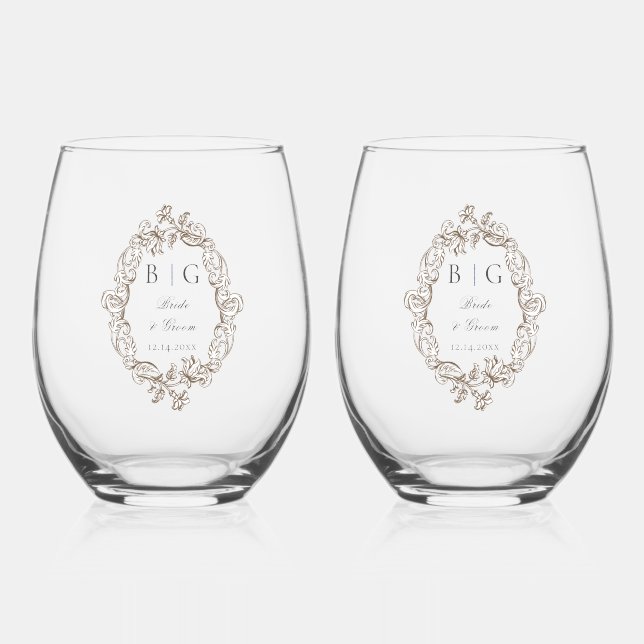 Rokoko Florentine Monogram Weinglas Ohne Stiel (Vorderseite)