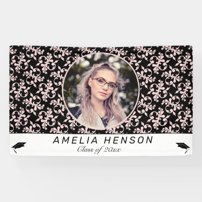 Rokoko Pink Black Foto Name Class of Abschluss Banner (Horizontal)