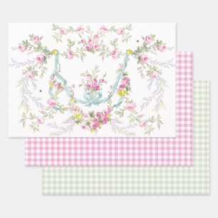 Rokoko Rose und Gingham Gift Sheet Set 3 Geschenkpapier Set