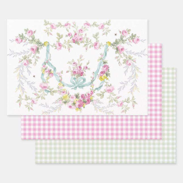Rokoko Rose und Gingham Gift Sheet Set 3 Geschenkpapier Set (Set)