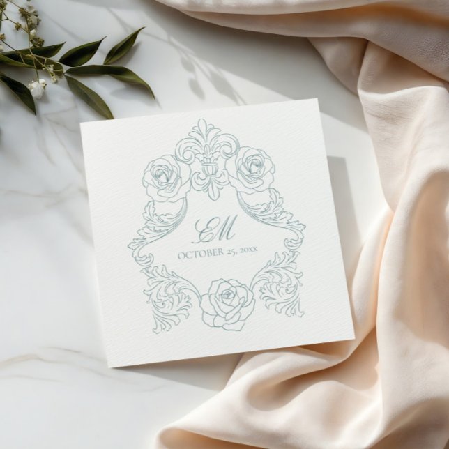 Rokoko Wappen Monogram Dusty Blue Wedellogo Serviette (Von Creator hochgeladen)