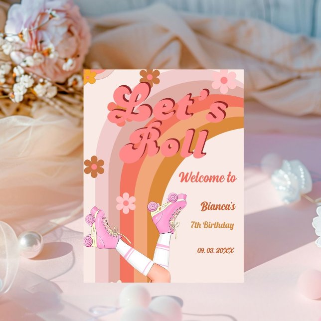 Roll Retro Groovy Roller Skate Begrüßungszeichen Sockelschild (Von Creator hochgeladen)