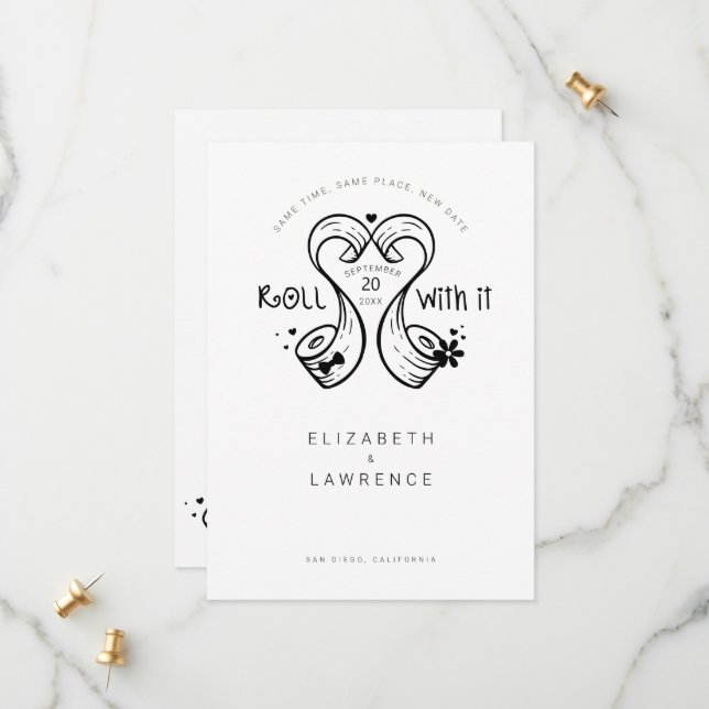 Roll with it Bridge & Groom Toillet Paper Roll Hea Save The Date (Vorderseite/Rückseite Beispiel)