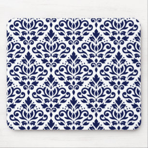 Rolle-Damast Ptn Marine-Blau auf Weiß Mousepad