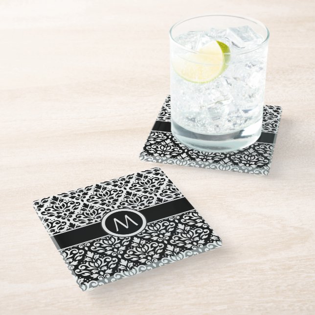 Rollen-Damask 2Part-Tn-BW & Band (Personalisiert) Glasuntersetzer (Schrägansicht)