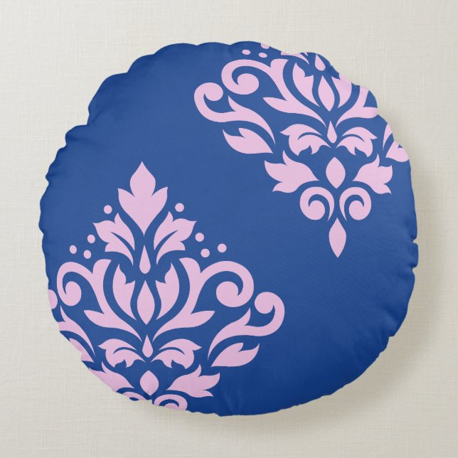 Rollen Damask Art I 2Wart Pink+Blau Rundes Kissen (Vorderseite)