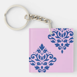 Rollen Damask Art I Blue on Pink Schlüsselanhänger