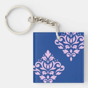 Rollen Damask Art I Pink on Blue Schlüsselanhänger