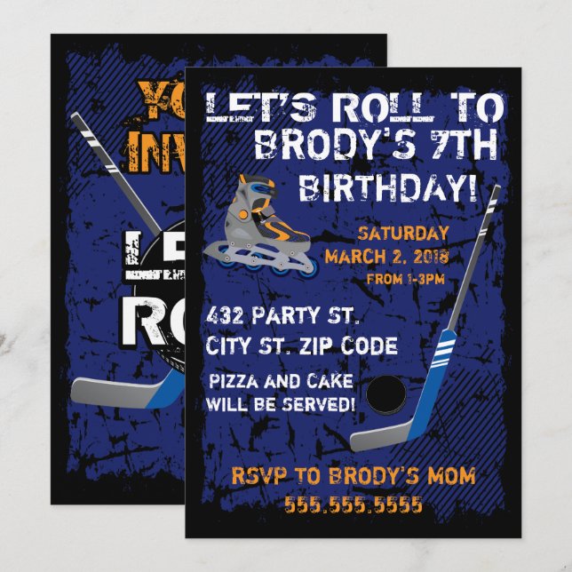 Rollen-Hockey-Geburtstag, 12x18 Einladung (Vorne/Hinten)