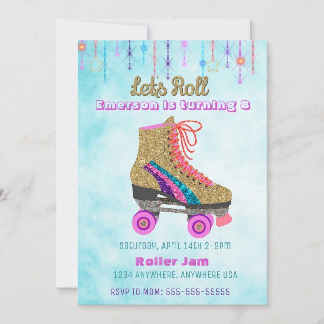 Rollen-Skate, Skaten Party, Rollen-Disco-Glitter Einladung (Vorderseite)