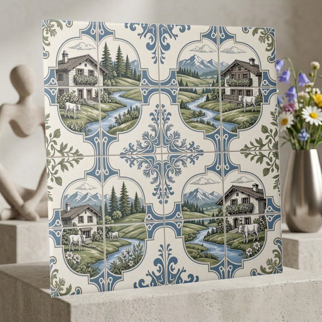 Rollende Weide mit grasenden Kühen - rustikale Ber Fliese (Rolling Meadow Grazing Cow Rustic Mountain Collage Ceramic Tile)