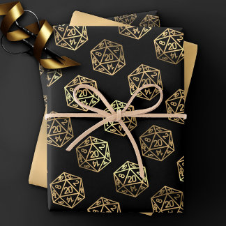 Rollenmuster | Gold Fantasy Tabletop Gamer Dice Geschenkpapier Set