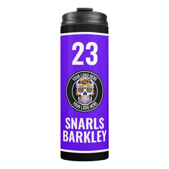 Roller Derby Logo Purple Black Team Name Uniform Thermosbecher (Vorderseite)