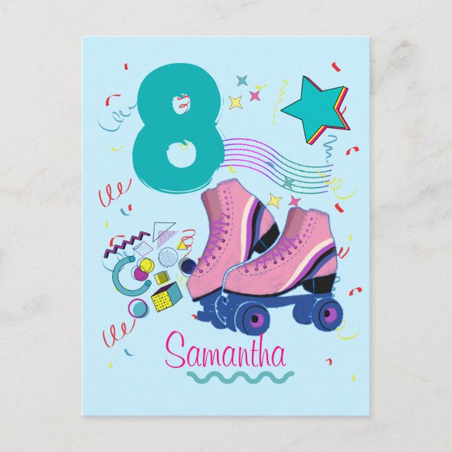 Roller Skate Birthday Girl Retro Skaten Postkarte (Vorderseite)