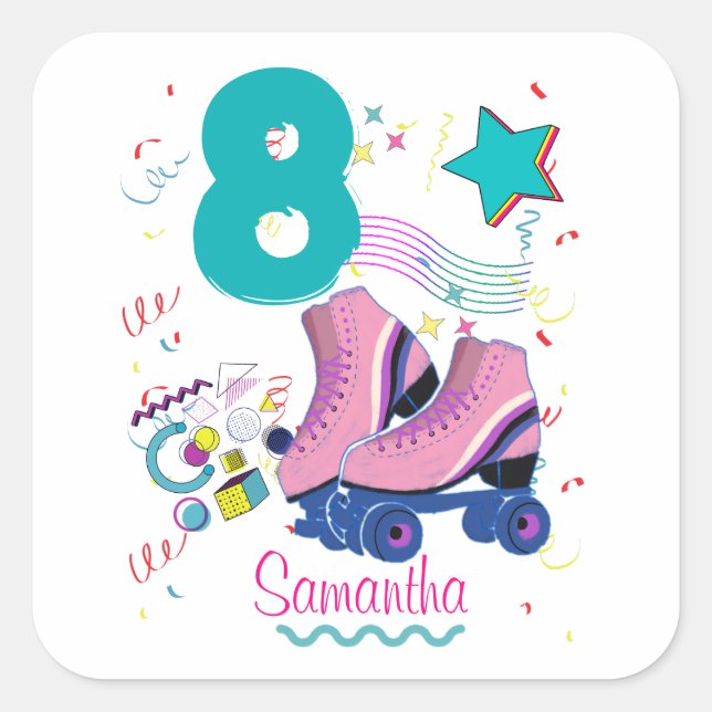 Roller Skate Birthday Girl Retro Skaten Quadratischer Aufkleber (Vorderseite)