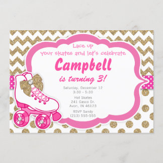 Roller Skate Glitzer Gold und Rosa Geburtstag Einl Einladung