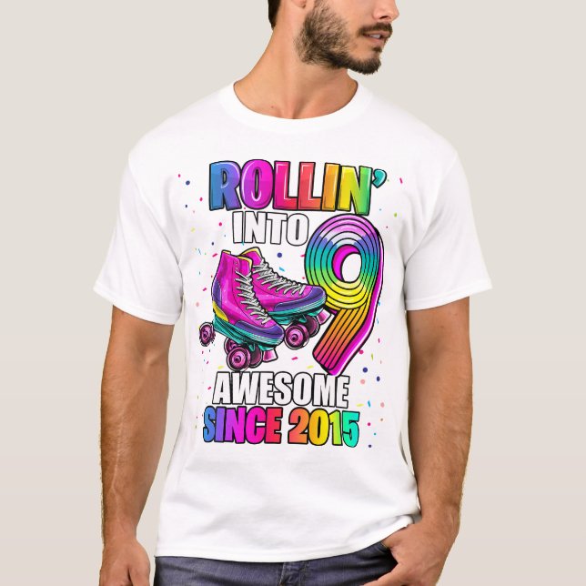 Roller Skaten 9th Birthday Girls Rollin in 9 Aw T-Shirt (Vorderseite)