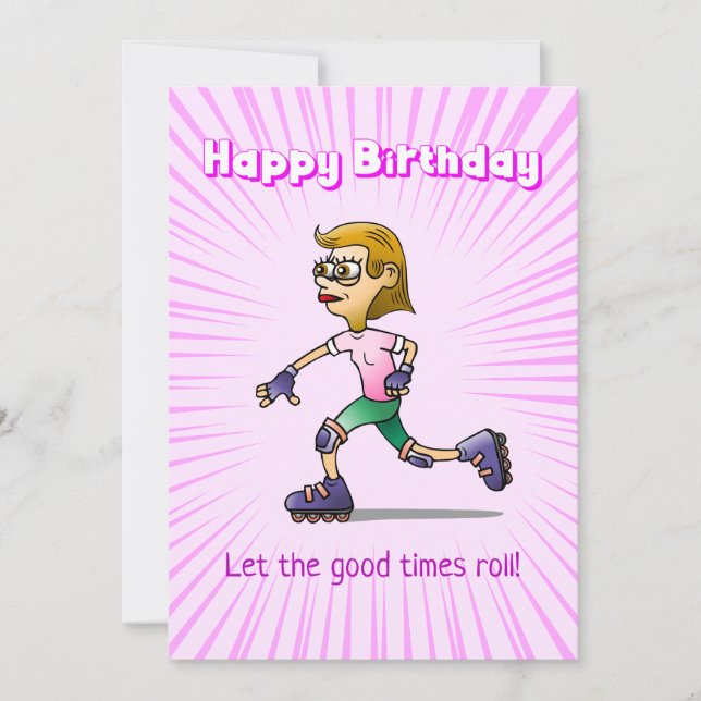 Roller Skaten Girl Pink Geburtstag Karte (Vorderseite)