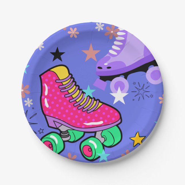 Roller Skaten Girls Rainbow Neon Birthday Party Pappteller (Vorderseite)