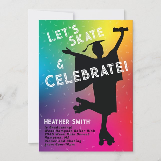 Roller Skaten Graduation Party Rainbow Silhouette Einladung (Vorderseite)