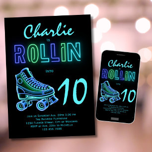 Roller Skaten Party Boys Neon Glow Geburtstag Einladung