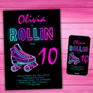Roller Skaten Party Girls Neon Glow Geburtstag Einladung