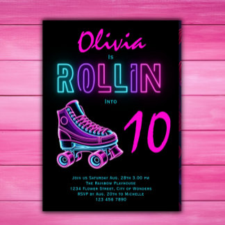 Roller Skaten Party Girls Neon Glow Geburtstag Einladung
