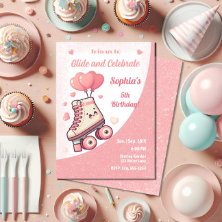 Roller Skaten Pink Heart Girl's Birthday Party Einladung