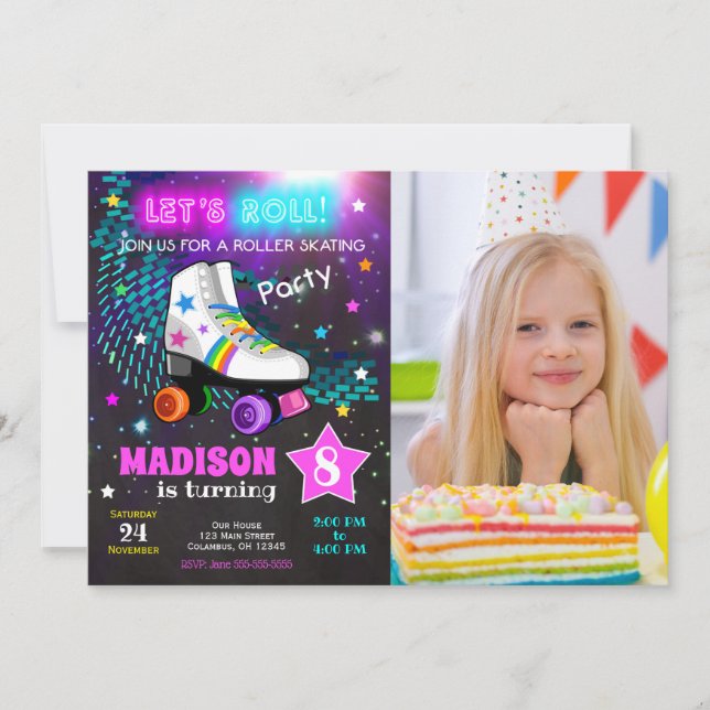 Roller Skating Birthday Party Invitation / Neon Einladung (Vorderseite)