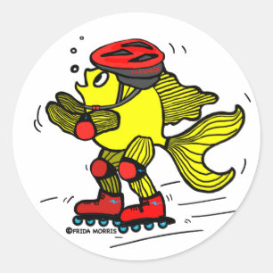 Rollerblade-Fisch-lustiger Skaten-Cartoon Runder Aufkleber