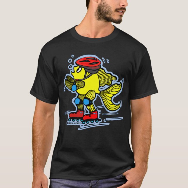 Rollerblade-Fisch-lustiger Skaten-Cartoon T-Shirt (Vorderseite)