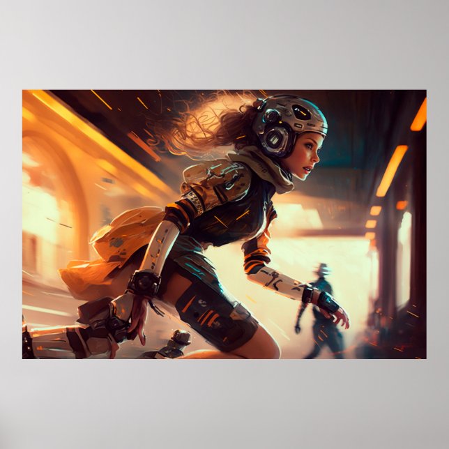 Rollerderby Woman in einer Stadt der Zukunft Poster (Vorne)
