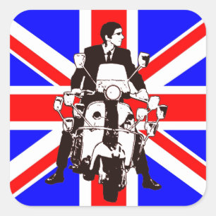 Rollerfahrer mit Union Jack Quadrat-Aufklebern Quadratischer Aufkleber