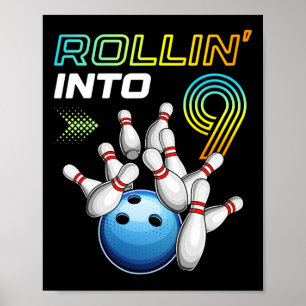 Rollin in 9 Retro Bowling Geburtstagsparty 9. Bir Poster