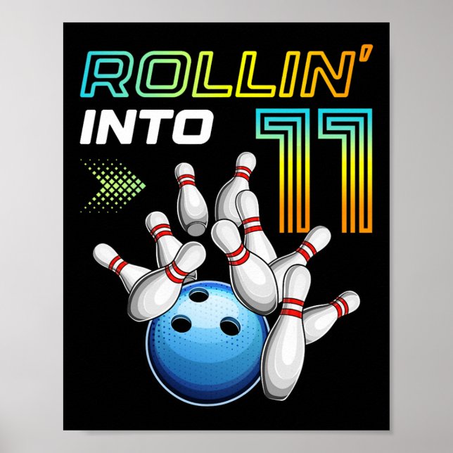 Rollin Into 11 Retro Bowling Birthday Party 11th B Poster (Vorne)