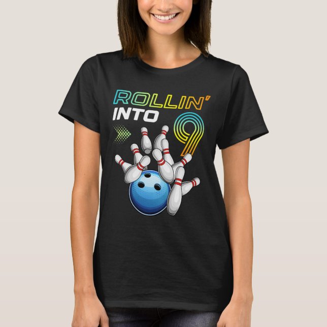 Rollin Into 9 Retro Bowling Birthday Party 9th Bir T-Shirt (Vorderseite)